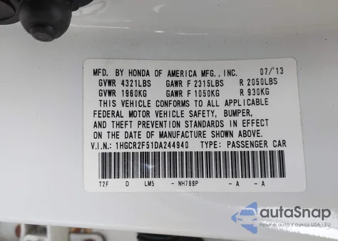 2013 Honda Accord Sport z USA, uszkodzony, nr VIN 1HGCR2F51DA244940
